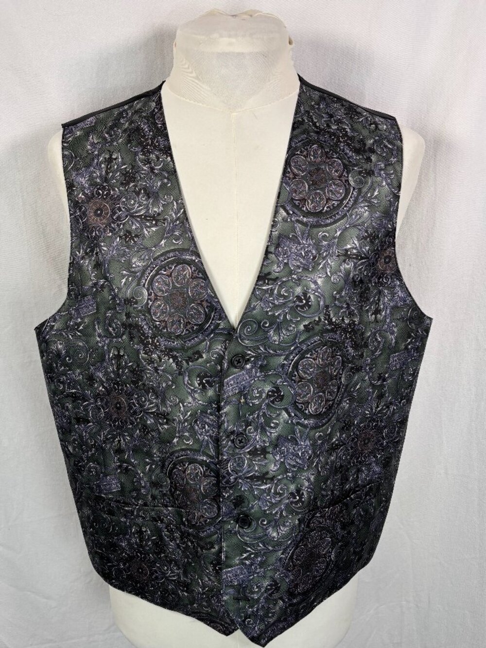 Bialucci Mens 100% Silk Brocade Vest L Green Baroque Formal Waistcoat